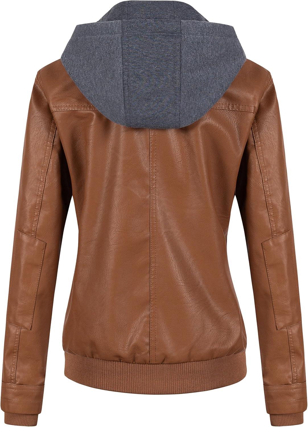 imageCREATMO US Womens Faux Leather Jacket Waterproof Motorcycle Bomber Jacket Vintage PU Moto Biker Coat With Removable HoodBrown