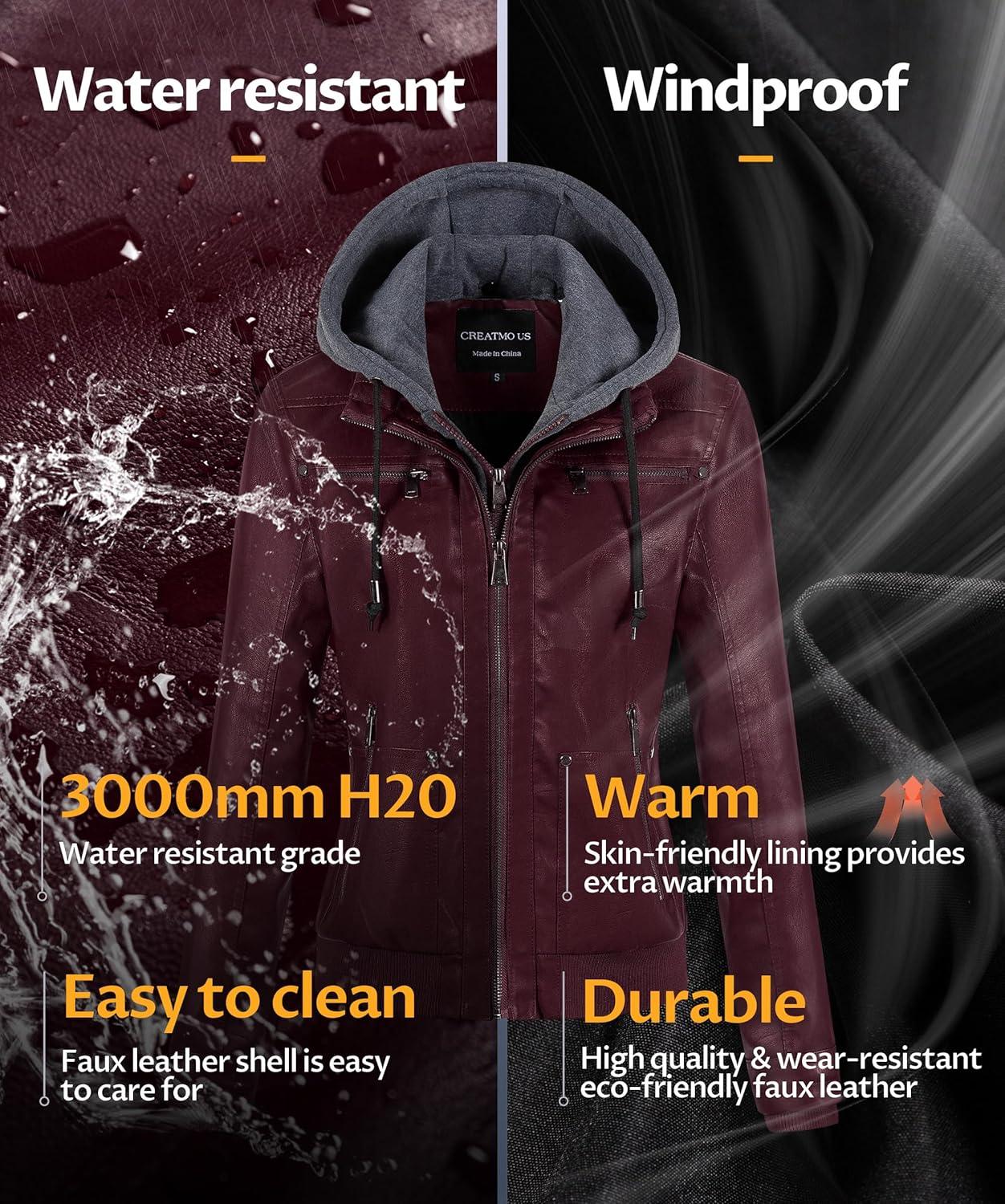 imageCREATMO US Womens Faux Leather Jacket Waterproof Motorcycle Bomber Jacket Vintage PU Moto Biker Coat With Removable HoodBurgundy