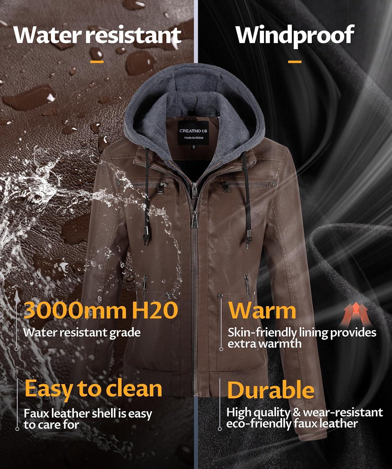 imageCREATMO US Womens Faux Leather Jacket Waterproof Motorcycle Bomber Jacket Vintage PU Moto Biker Coat With Removable HoodCoffee
