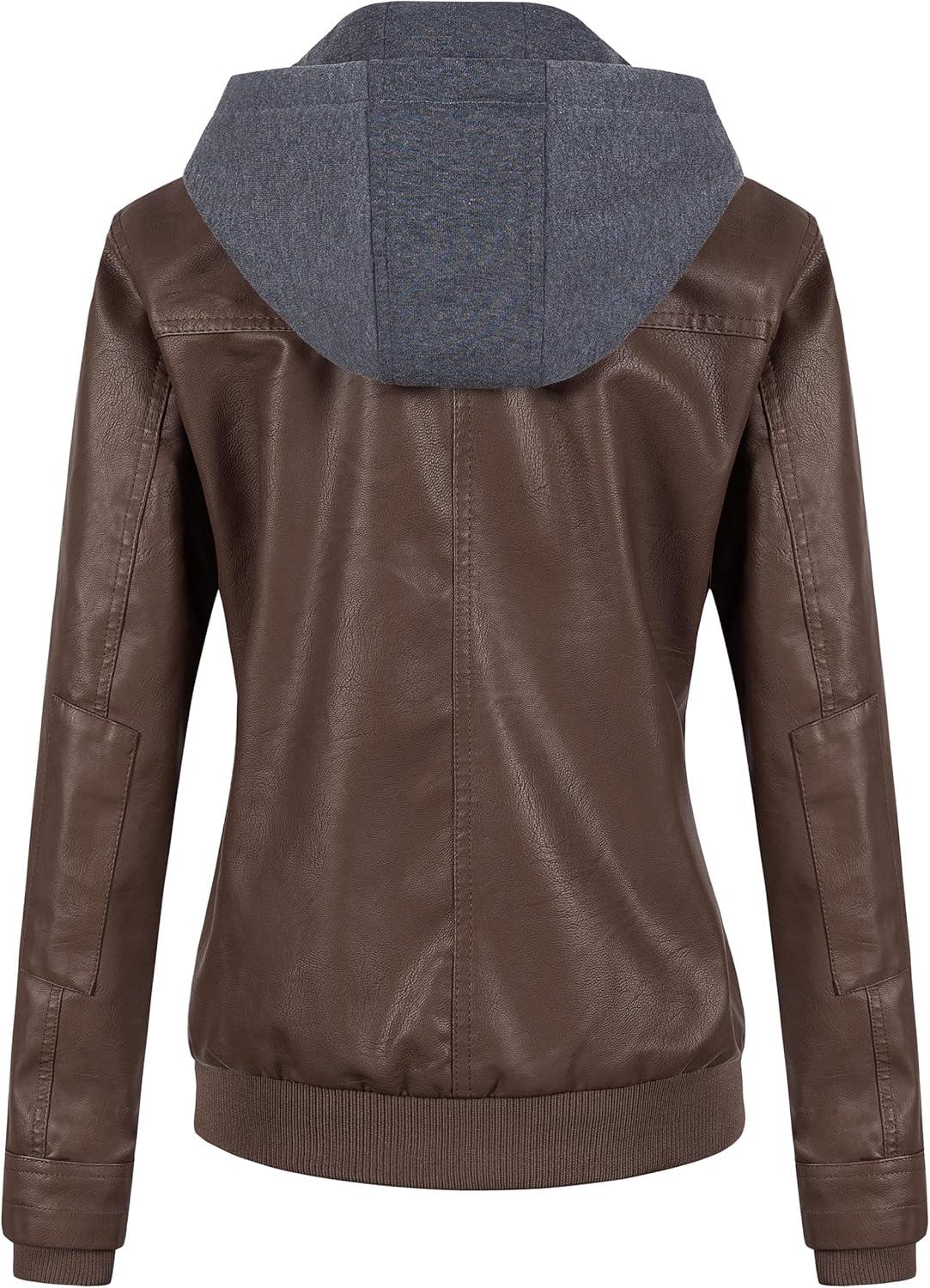 imageCREATMO US Womens Faux Leather Jacket Waterproof Motorcycle Bomber Jacket Vintage PU Moto Biker Coat With Removable HoodCoffee