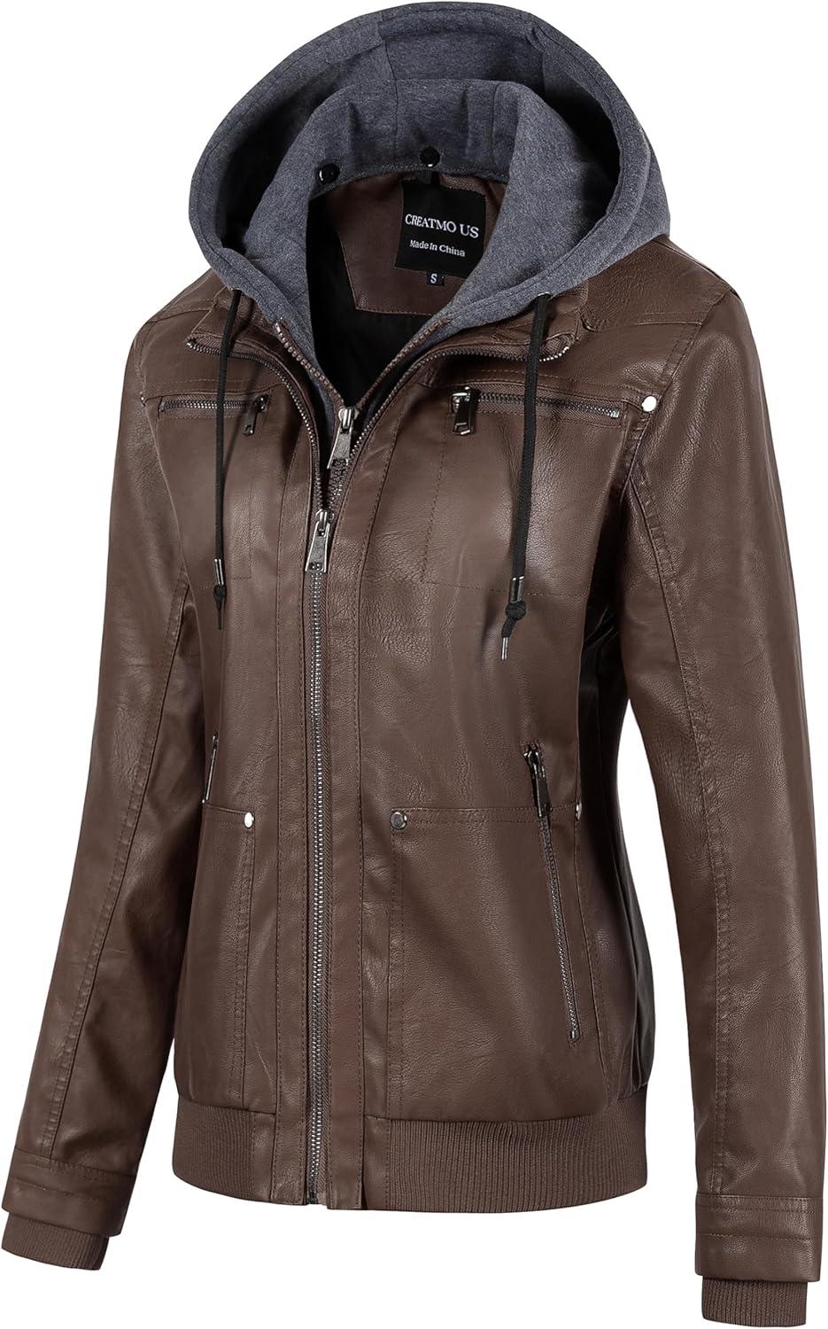 imageCREATMO US Womens Faux Leather Jacket Waterproof Motorcycle Bomber Jacket Vintage PU Moto Biker Coat With Removable HoodCoffee