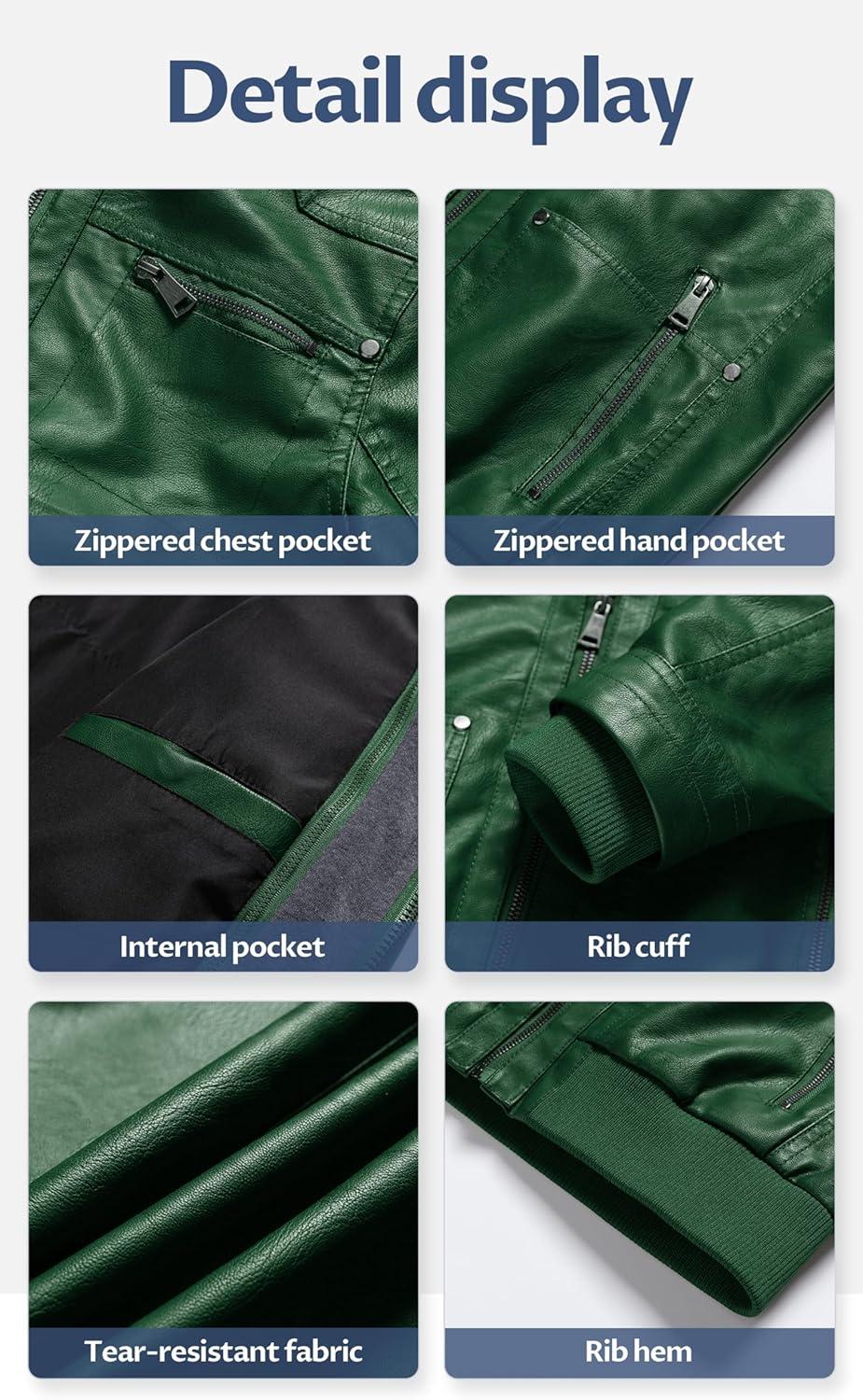 imageCREATMO US Womens Faux Leather Jacket Waterproof Motorcycle Bomber Jacket Vintage PU Moto Biker Coat With Removable HoodGreen
