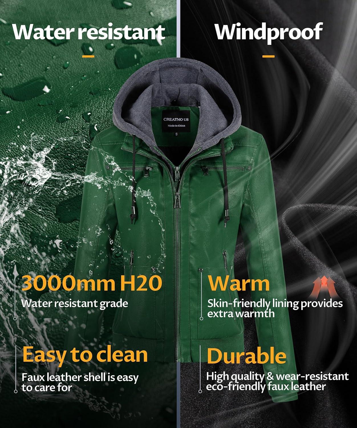 imageCREATMO US Womens Faux Leather Jacket Waterproof Motorcycle Bomber Jacket Vintage PU Moto Biker Coat With Removable HoodGreen