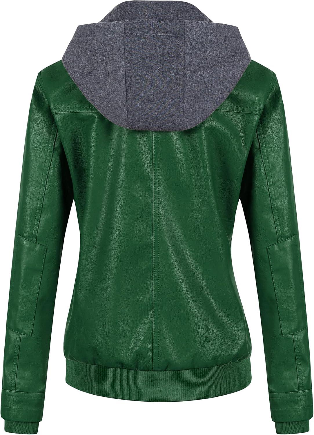 imageCREATMO US Womens Faux Leather Jacket Waterproof Motorcycle Bomber Jacket Vintage PU Moto Biker Coat With Removable HoodGreen