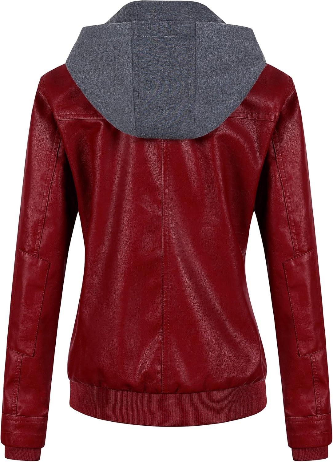 imageCREATMO US Womens Faux Leather Jacket Waterproof Motorcycle Bomber Jacket Vintage PU Moto Biker Coat With Removable HoodRed