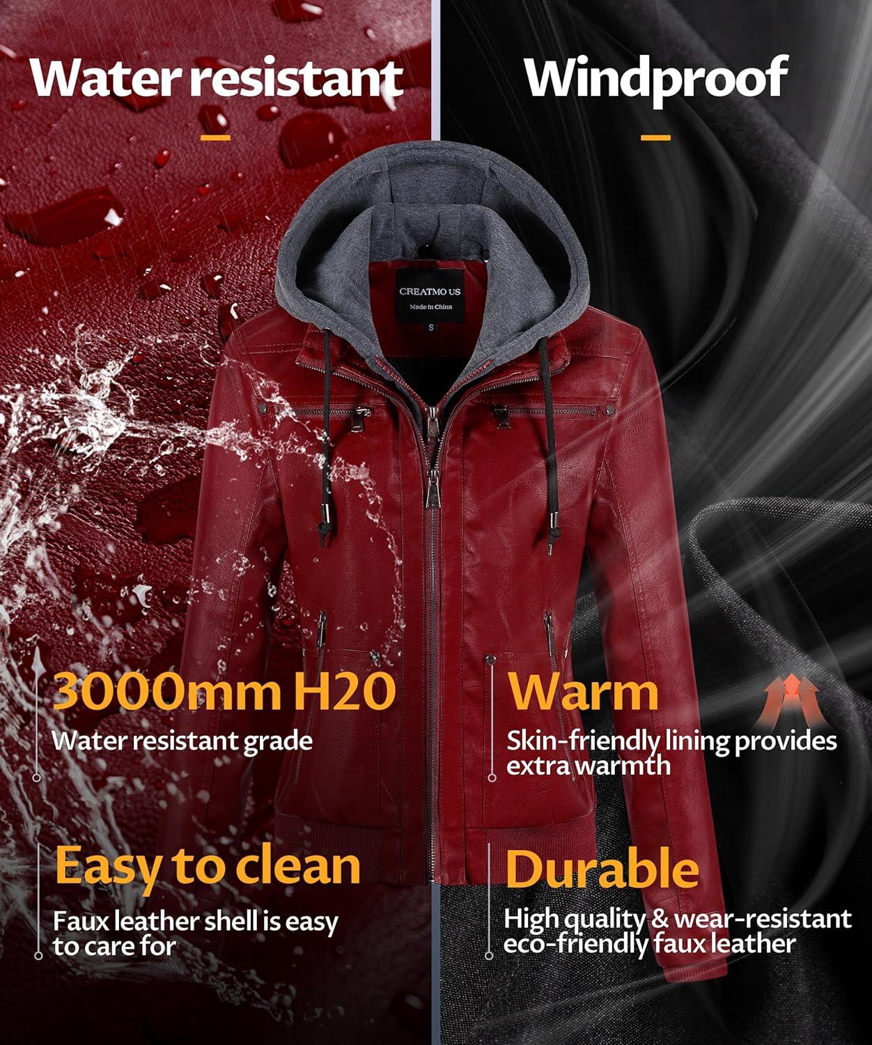 imageCREATMO US Womens Faux Leather Jacket Waterproof Motorcycle Bomber Jacket Vintage PU Moto Biker Coat With Removable HoodRed