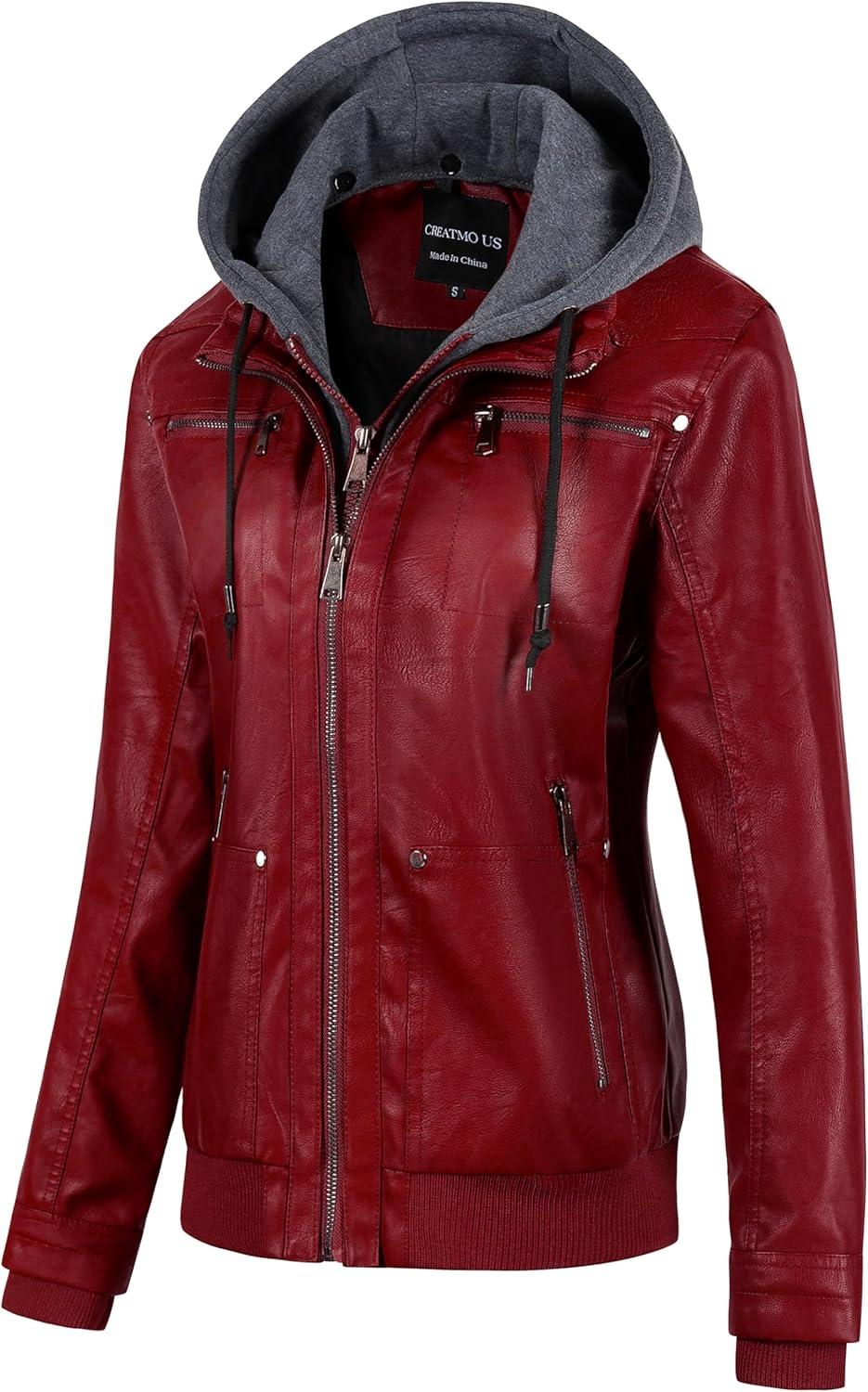 imageCREATMO US Womens Faux Leather Jacket Waterproof Motorcycle Bomber Jacket Vintage PU Moto Biker Coat With Removable HoodRed