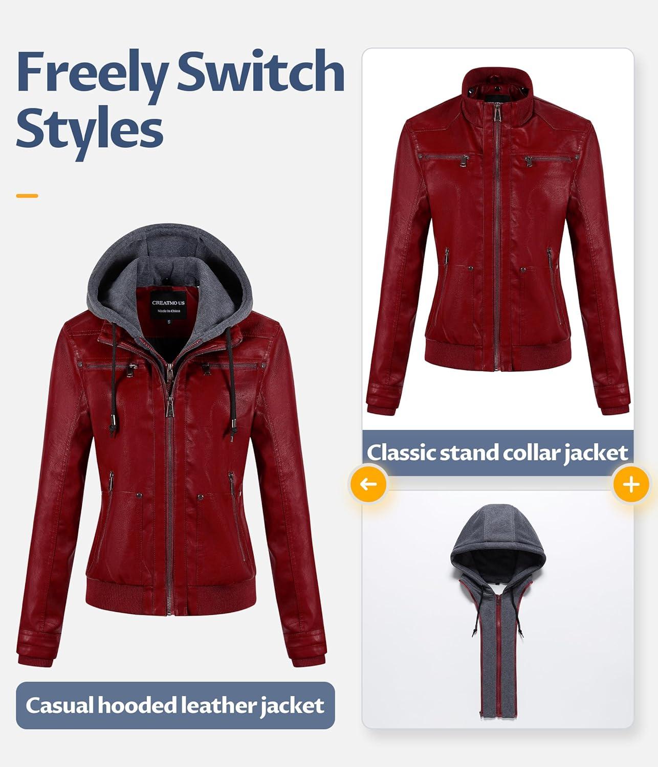 imageCREATMO US Womens Faux Leather Jacket Waterproof Motorcycle Bomber Jacket Vintage PU Moto Biker Coat With Removable HoodRed