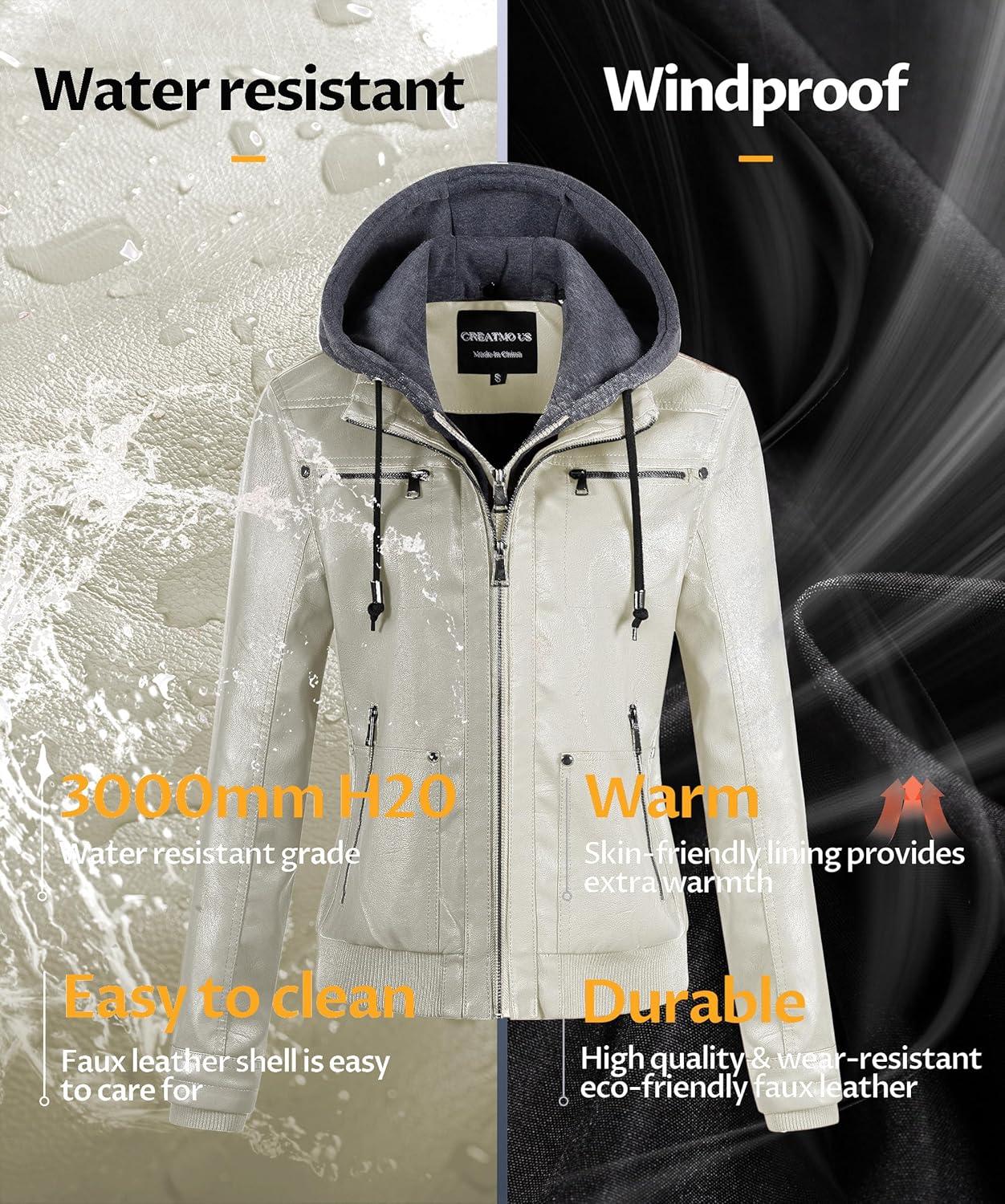 imageCREATMO US Womens Faux Leather Jacket Waterproof Motorcycle Bomber Jacket Vintage PU Moto Biker Coat With Removable HoodWhite