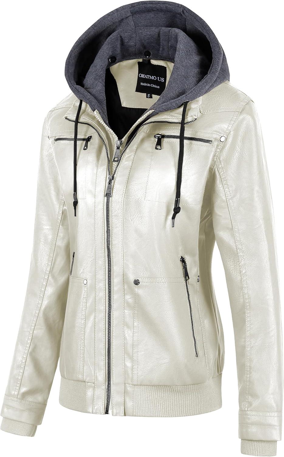imageCREATMO US Womens Faux Leather Jacket Waterproof Motorcycle Bomber Jacket Vintage PU Moto Biker Coat With Removable HoodWhite