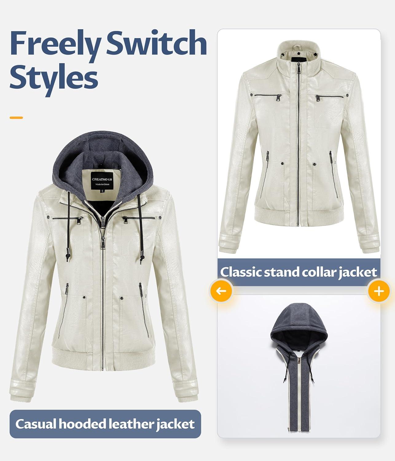 imageCREATMO US Womens Faux Leather Jacket Waterproof Motorcycle Bomber Jacket Vintage PU Moto Biker Coat With Removable HoodWhite