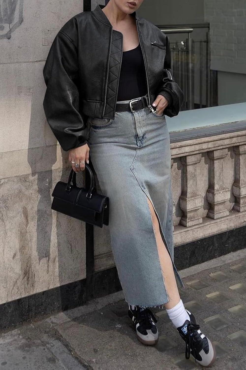 imageCicy Bell Womens Faux Leather Bomber Jackets Baseball Collar Zip Up Cropped Biker Coat with PocketsBlack