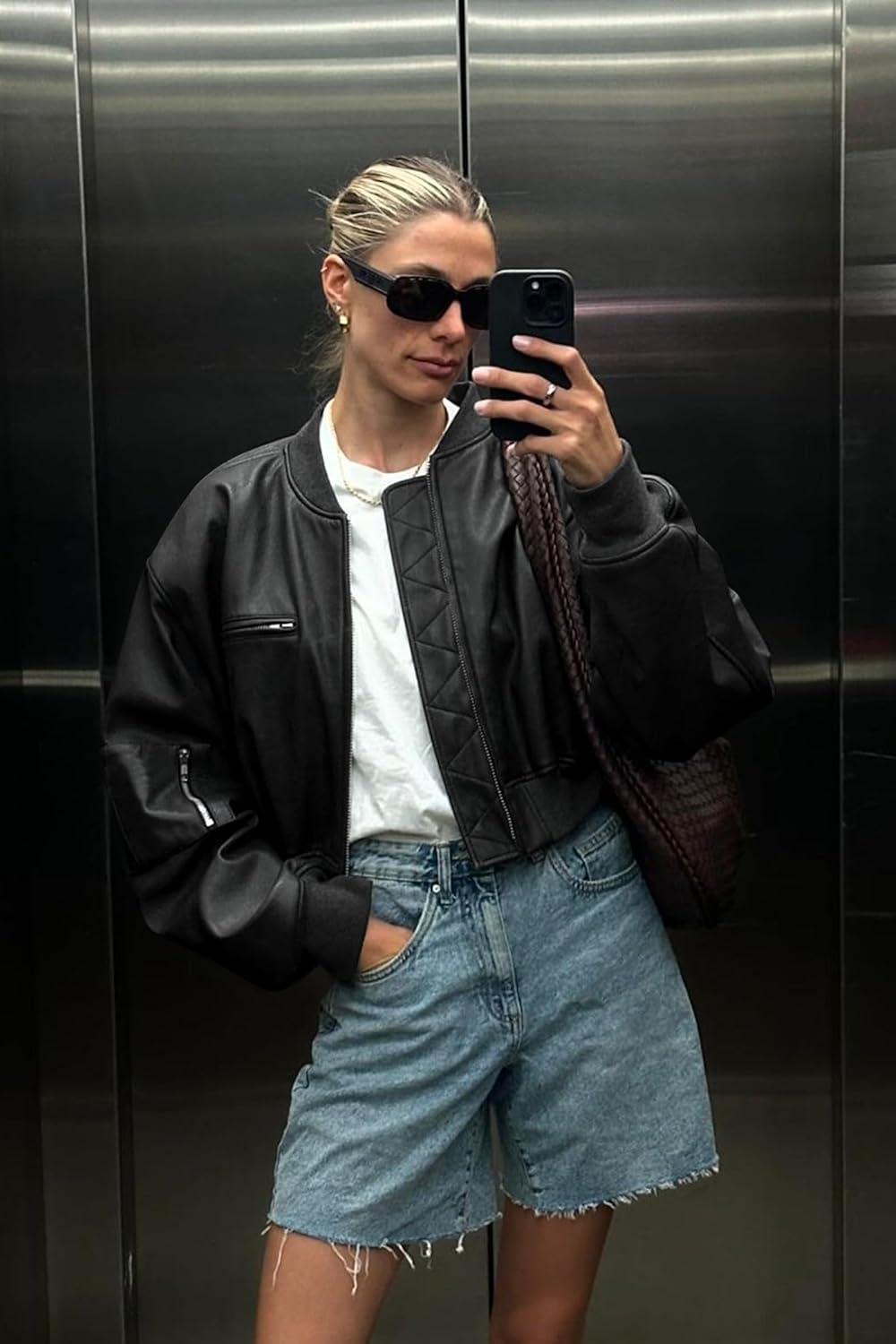 imageCicy Bell Womens Faux Leather Bomber Jackets Baseball Collar Zip Up Cropped Biker Coat with PocketsBlack