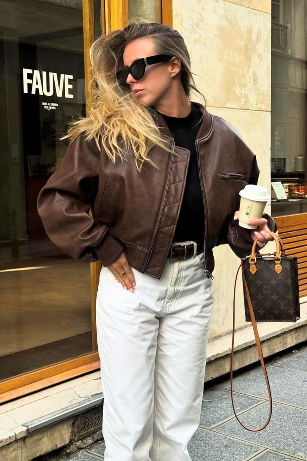 imageCicy Bell Womens Faux Leather Bomber Jackets Baseball Collar Zip Up Cropped Biker Coat with PocketsBrown