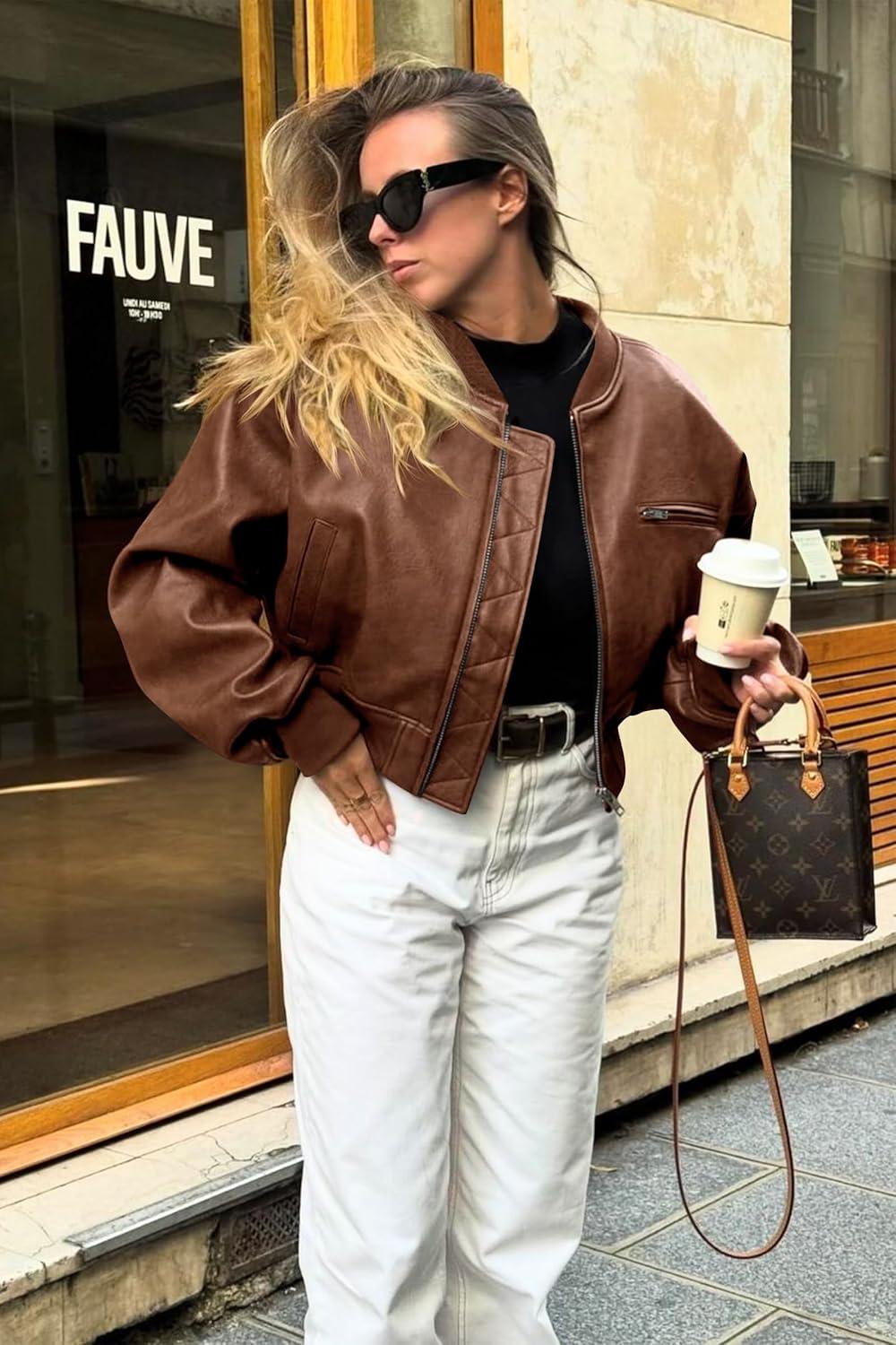 imageCicy Bell Womens Faux Leather Bomber Jackets Baseball Collar Zip Up Cropped Biker Coat with PocketsCaramel
