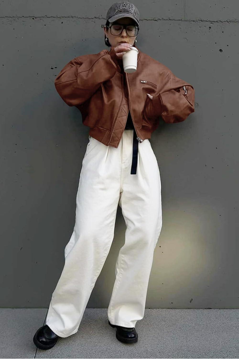 imageCicy Bell Womens Faux Leather Bomber Jackets Baseball Collar Zip Up Cropped Biker Coat with PocketsCaramel