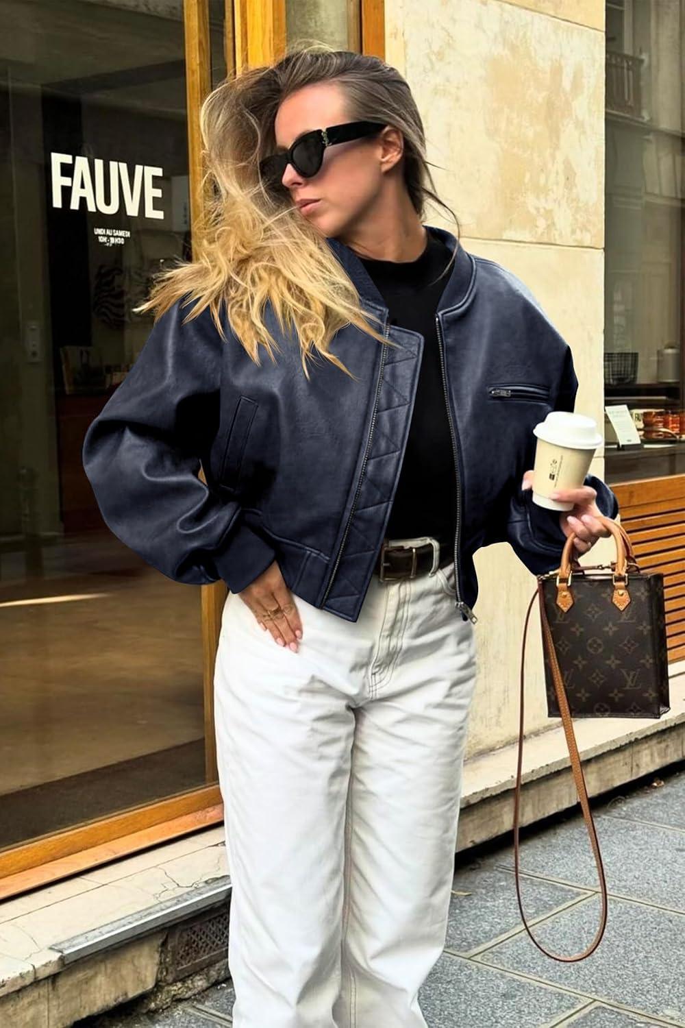 imageCicy Bell Womens Faux Leather Bomber Jackets Baseball Collar Zip Up Cropped Biker Coat with PocketsDark Blue