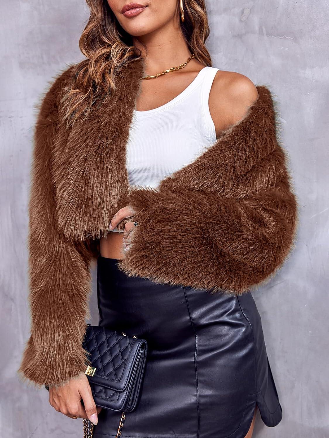 imageDanedvi Womens Fashion Cropped Faux Fur Jacket Long Sleeve Open Front Cardigan Casual Fluffy Parka Shaggy Short CoatBrown