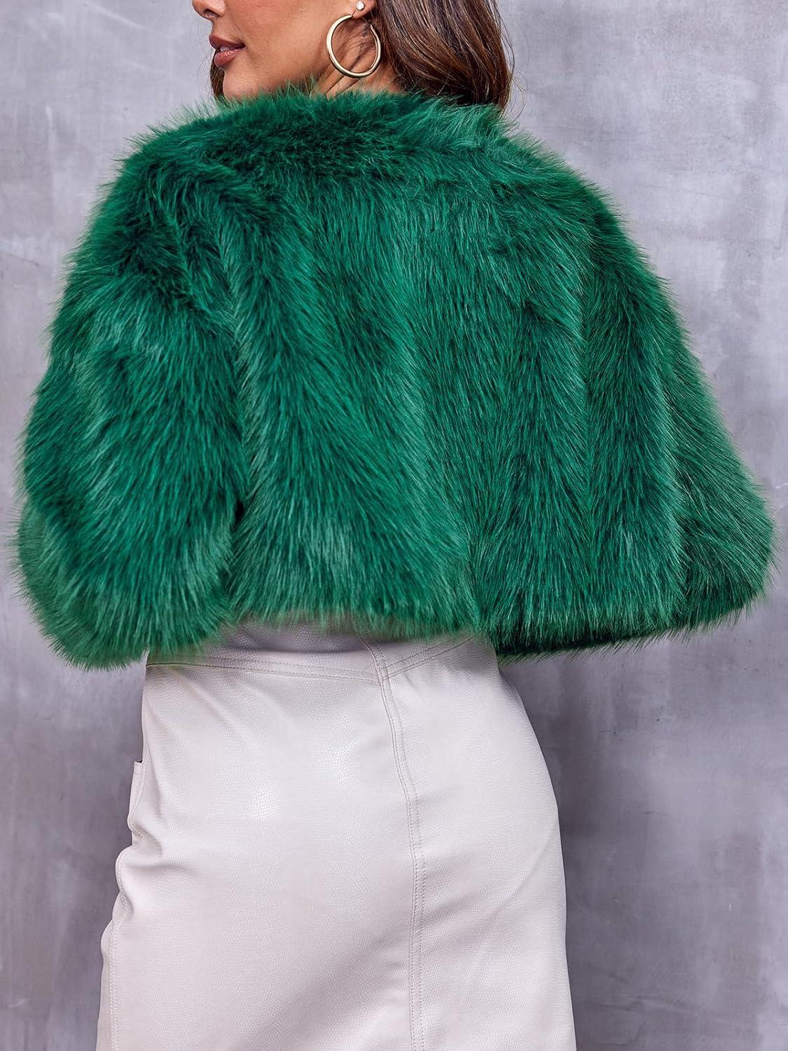 imageDanedvi Womens Fashion Cropped Faux Fur Jacket Long Sleeve Open Front Cardigan Casual Fluffy Parka Shaggy Short CoatDark Green
