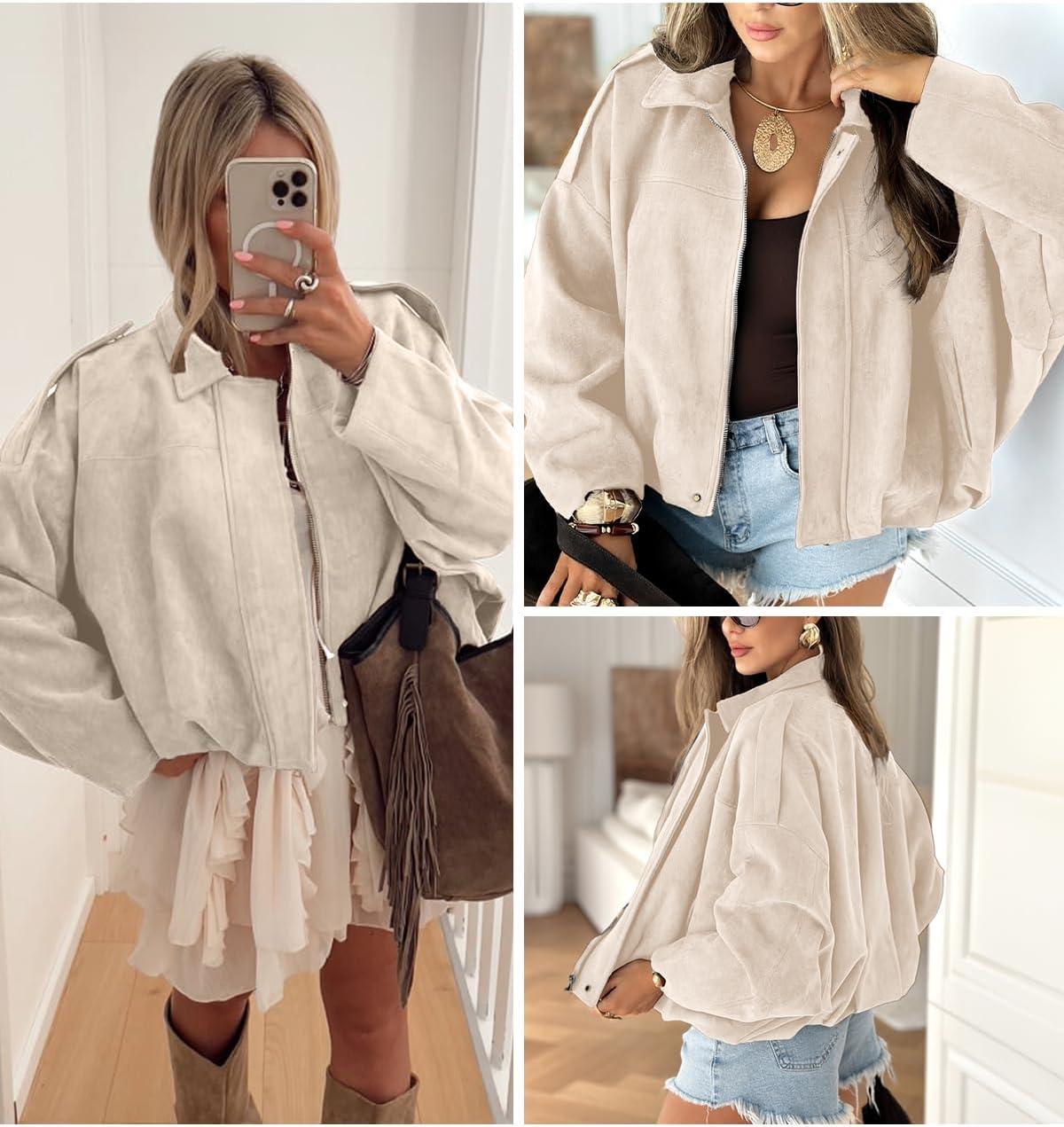 imageEVALESS Womens Faux Suede Bomber Jackets Long Sleeve Spring Coats Zip Up Cropped Jacket Trendy Outerwear with PocketsBeige