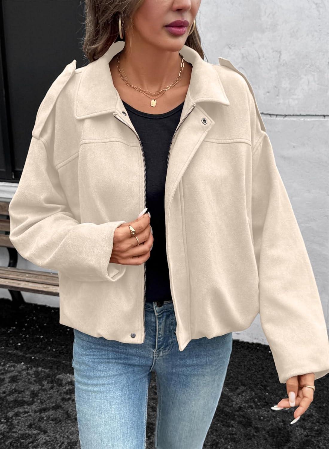 imageEVALESS Womens Faux Suede Bomber Jackets Long Sleeve Spring Coats Zip Up Cropped Jacket Trendy Outerwear with PocketsBeige