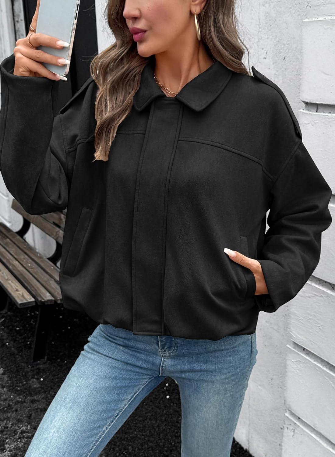 imageEVALESS Womens Faux Suede Bomber Jackets Long Sleeve Spring Coats Zip Up Cropped Jacket Trendy Outerwear with PocketsColor Black