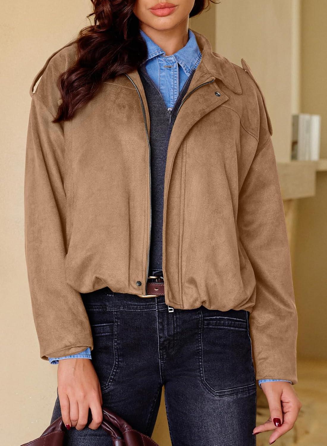 imageEVALESS Womens Faux Suede Bomber Jackets Long Sleeve Spring Coats Zip Up Cropped Jacket Trendy Outerwear with PocketsPale Khaki