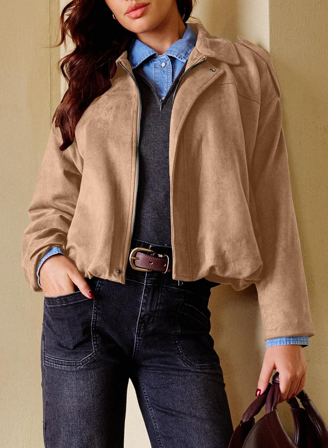 imageEVALESS Womens Faux Suede Bomber Jackets Long Sleeve Spring Coats Zip Up Cropped Jacket Trendy Outerwear with PocketsPale Khaki