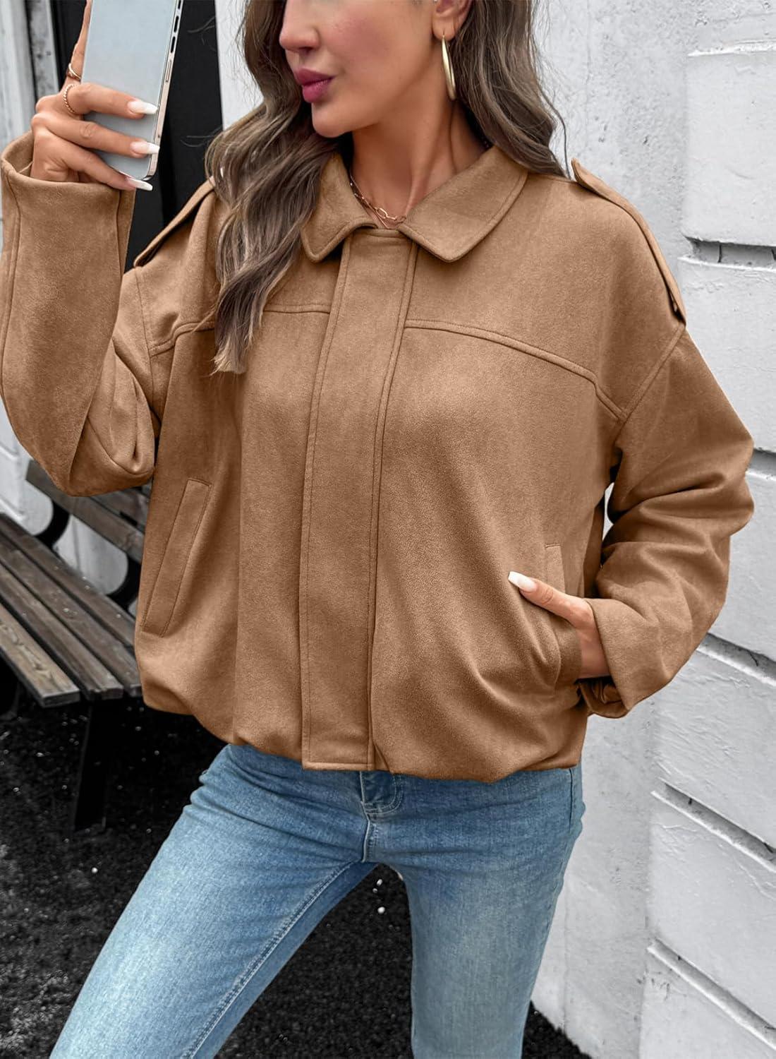 imageEVALESS Womens Faux Suede Bomber Jackets Long Sleeve Spring Coats Zip Up Cropped Jacket Trendy Outerwear with PocketsPale Khaki