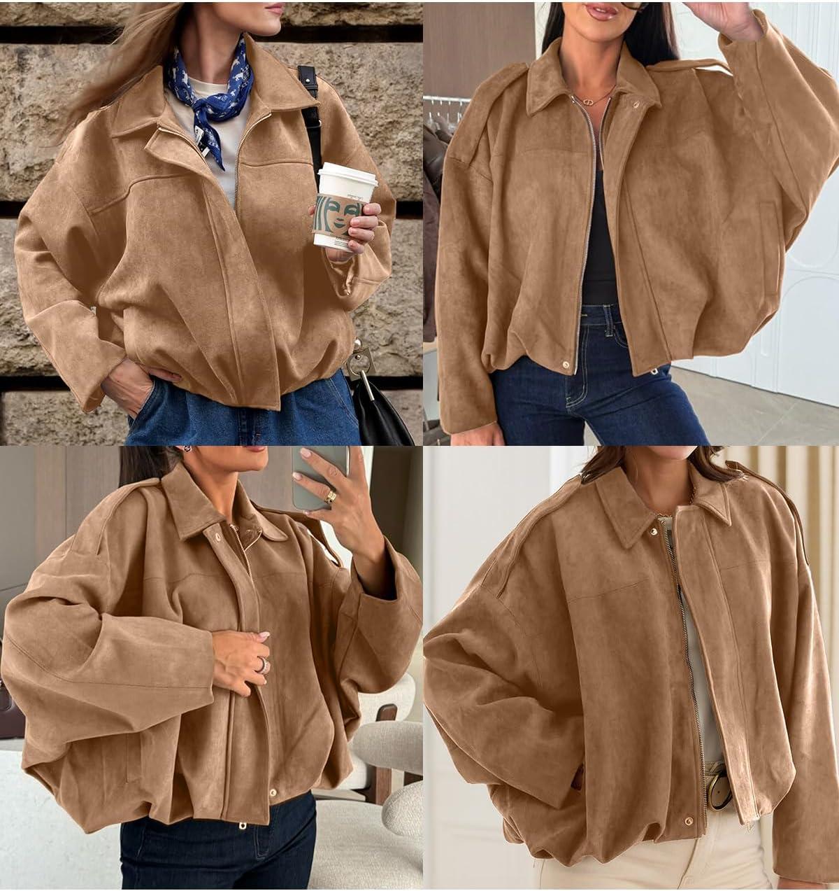 imageEVALESS Womens Faux Suede Bomber Jackets Long Sleeve Spring Coats Zip Up Cropped Jacket Trendy Outerwear with PocketsPale Khaki