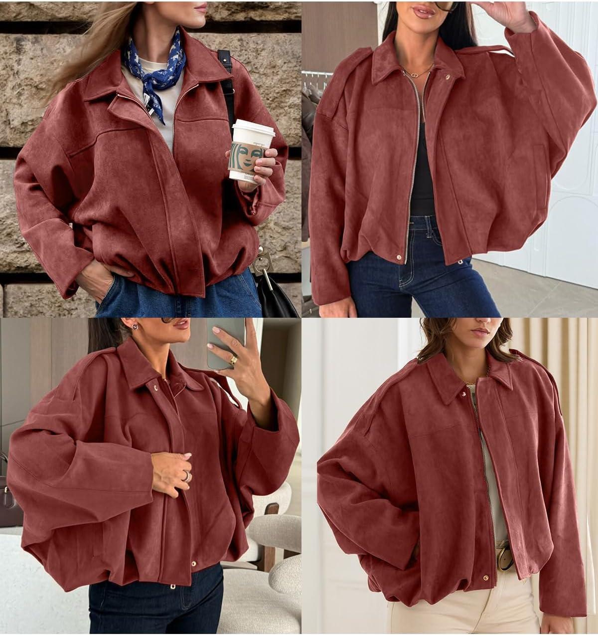 imageEVALESS Womens Faux Suede Bomber Jackets Long Sleeve Spring Coats Zip Up Cropped Jacket Trendy Outerwear with PocketsRed Sandalwood