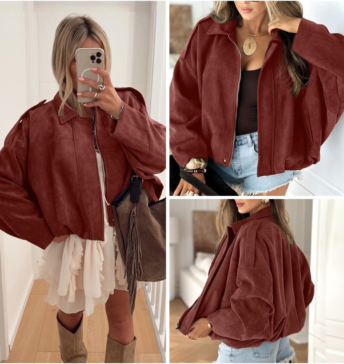 imageEVALESS Womens Faux Suede Bomber Jackets Long Sleeve Spring Coats Zip Up Cropped Jacket Trendy Outerwear with PocketsRed Sandalwood