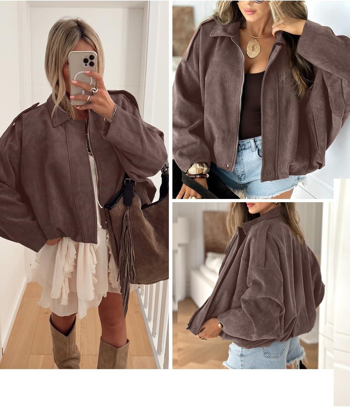 imageEVALESS Womens Faux Suede Bomber Jackets Long Sleeve Spring Coats Zip Up Cropped Jacket Trendy Outerwear with PocketsToadstool