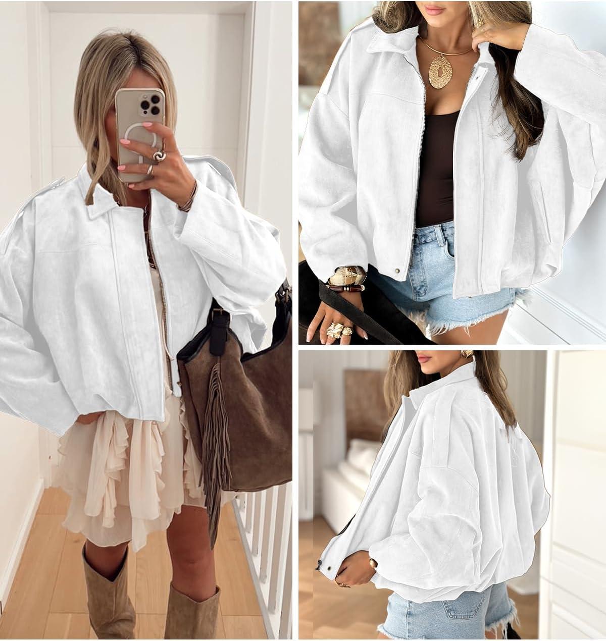 imageEVALESS Womens Faux Suede Bomber Jackets Long Sleeve Spring Coats Zip Up Cropped Jacket Trendy Outerwear with PocketsWhite