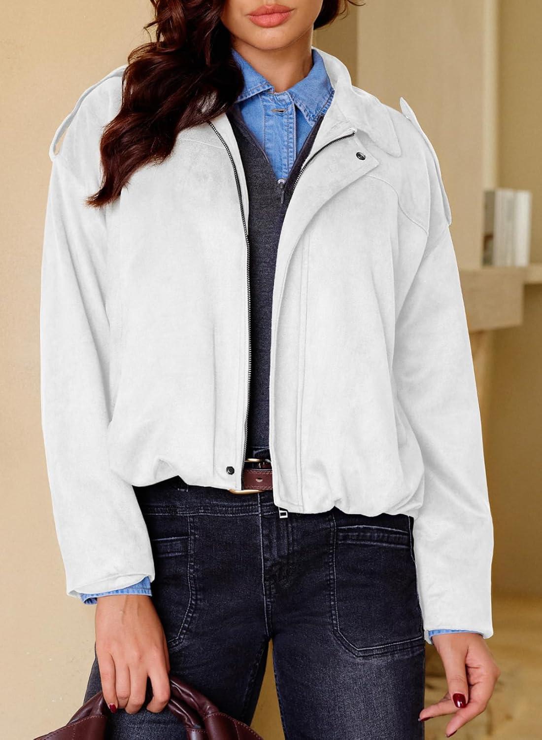 imageEVALESS Womens Faux Suede Bomber Jackets Long Sleeve Spring Coats Zip Up Cropped Jacket Trendy Outerwear with PocketsWhite
