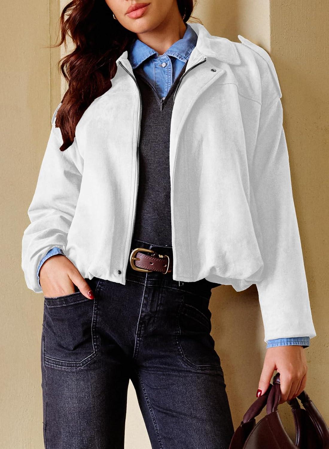 imageEVALESS Womens Faux Suede Bomber Jackets Long Sleeve Spring Coats Zip Up Cropped Jacket Trendy Outerwear with PocketsWhite