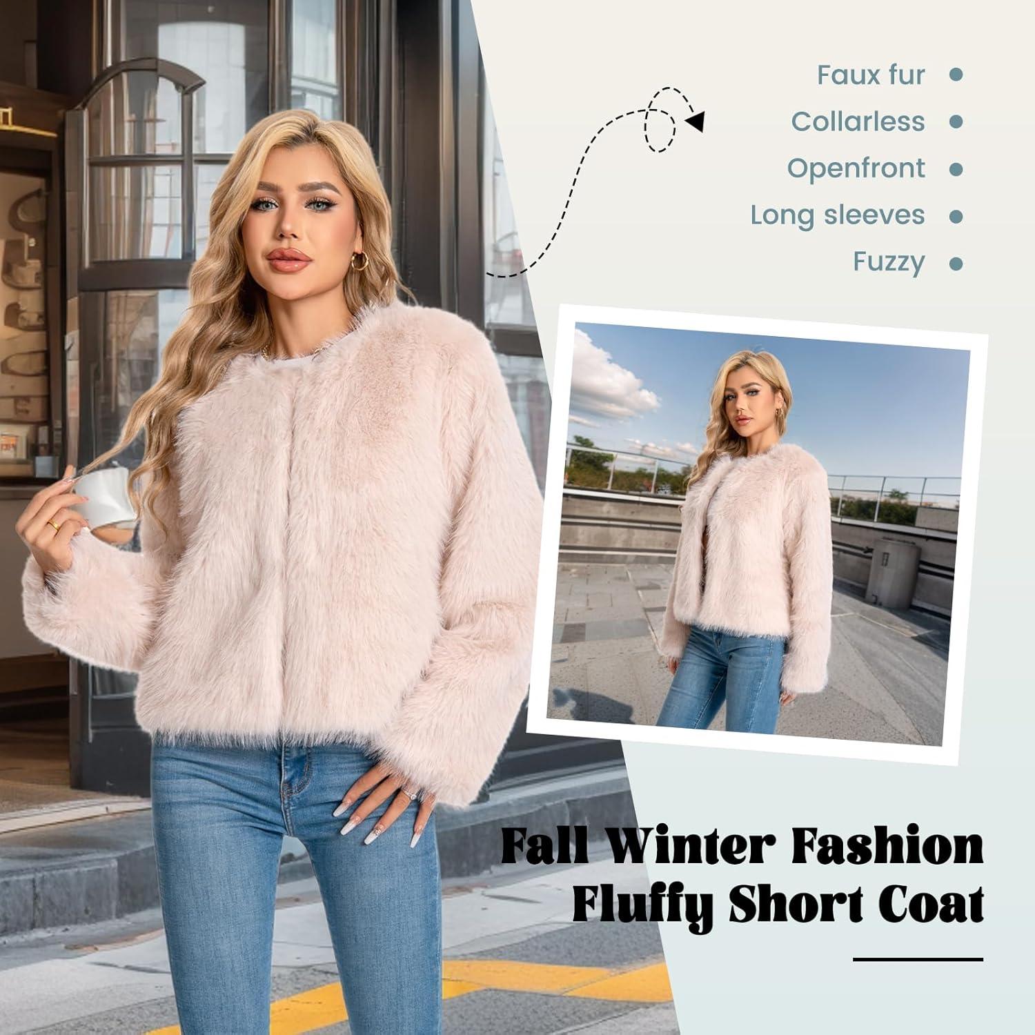 imageFur Coats For Women 2025 Plus Size Faux Fuzzy Jacket Fluffy Long Sleeve Winter Coat with PocketsApricot