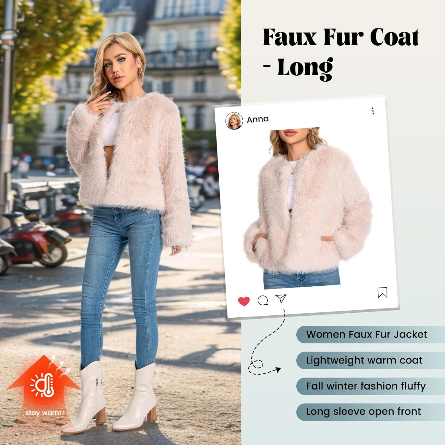 imageFur Coats For Women 2025 Plus Size Faux Fuzzy Jacket Fluffy Long Sleeve Winter Coat with PocketsApricot