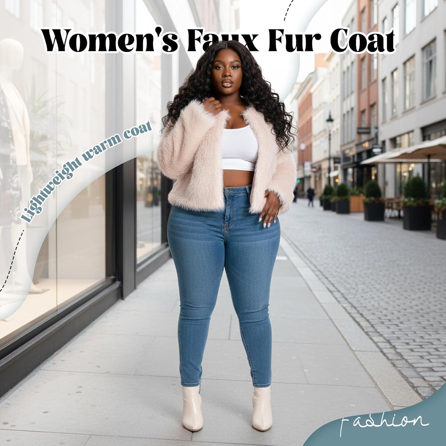 imageFur Coats For Women 2025 Plus Size Faux Fuzzy Jacket Fluffy Long Sleeve Winter Coat with PocketsApricot