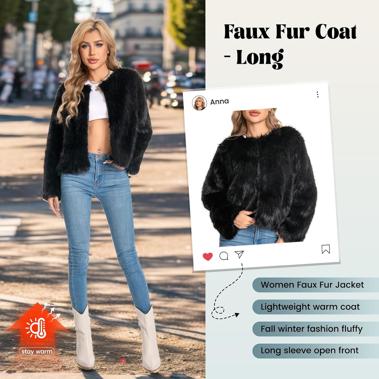 imageFur Coats For Women 2025 Plus Size Faux Fuzzy Jacket Fluffy Long Sleeve Winter Coat with PocketsBlack