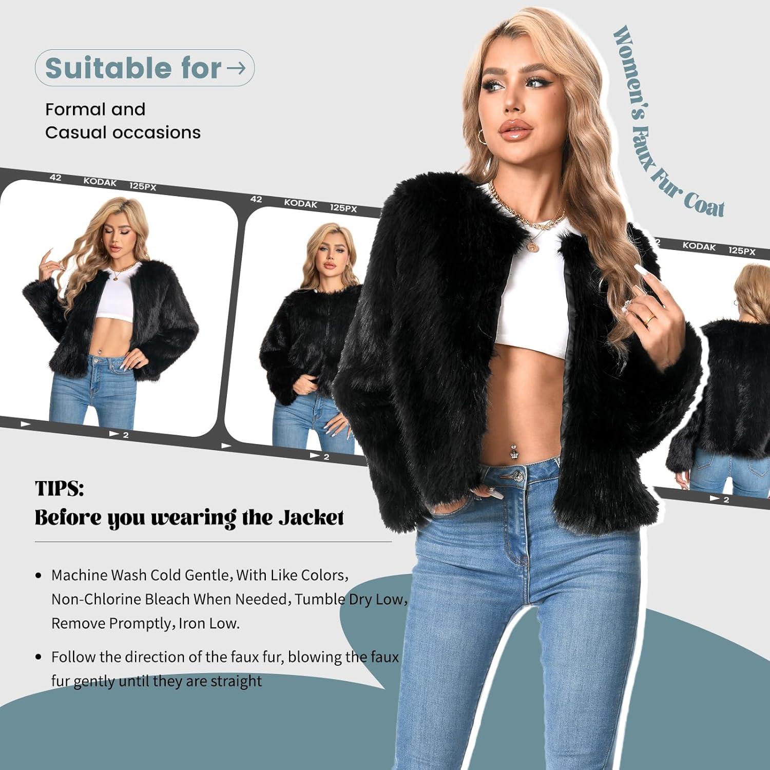 imageFur Coats For Women 2025 Plus Size Faux Fuzzy Jacket Fluffy Long Sleeve Winter Coat with PocketsBlack