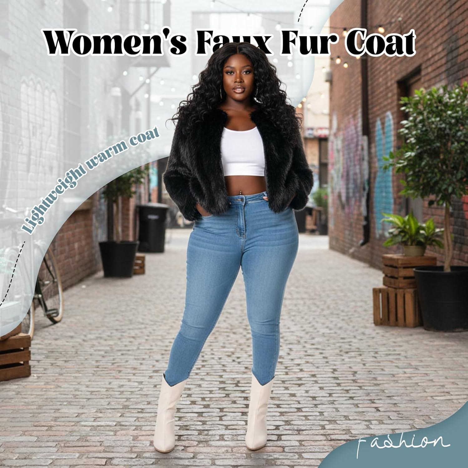 imageFur Coats For Women 2025 Plus Size Faux Fuzzy Jacket Fluffy Long Sleeve Winter Coat with PocketsBlack