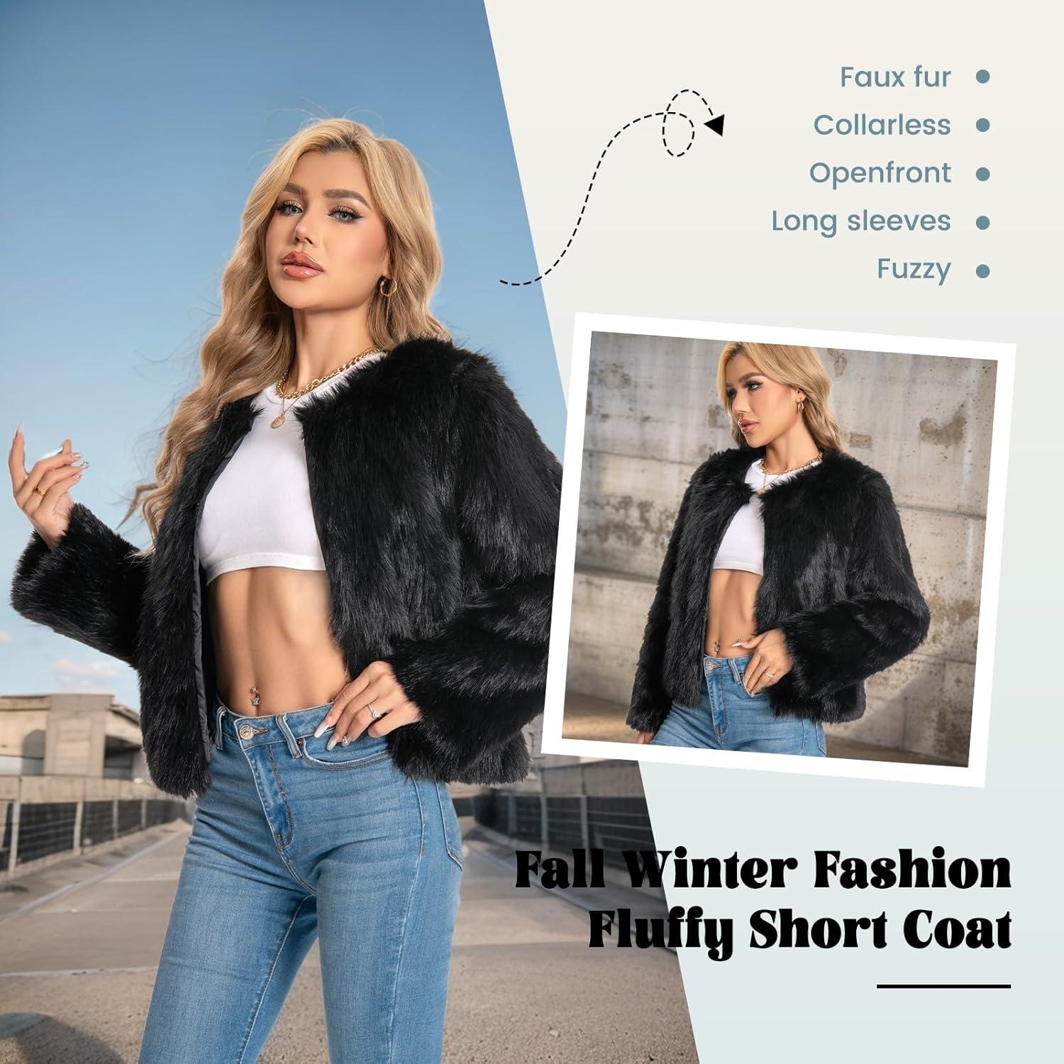 imageFur Coats For Women 2025 Plus Size Faux Fuzzy Jacket Fluffy Long Sleeve Winter Coat with PocketsBlack