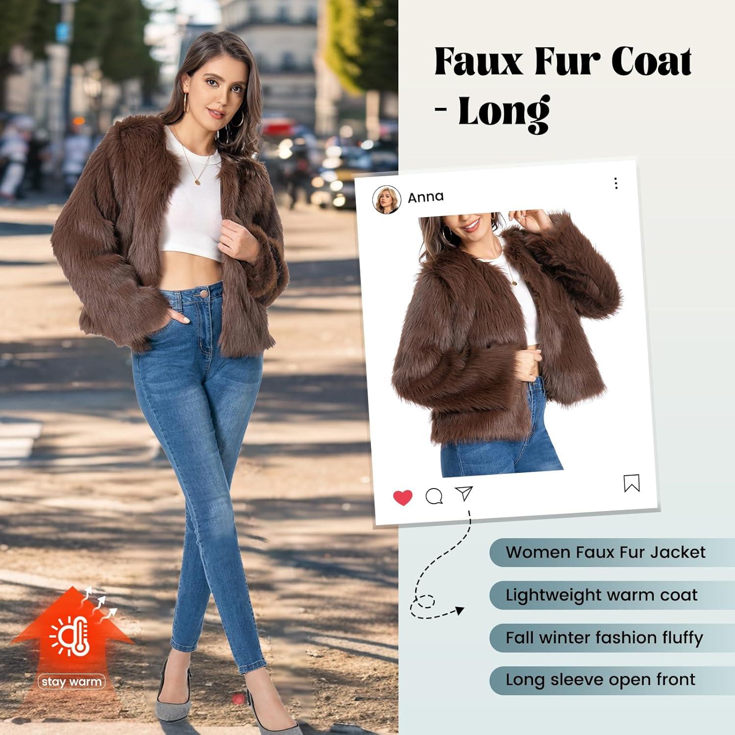 imageFur Coats For Women 2025 Plus Size Faux Fuzzy Jacket Fluffy Long Sleeve Winter Coat with PocketsBrown