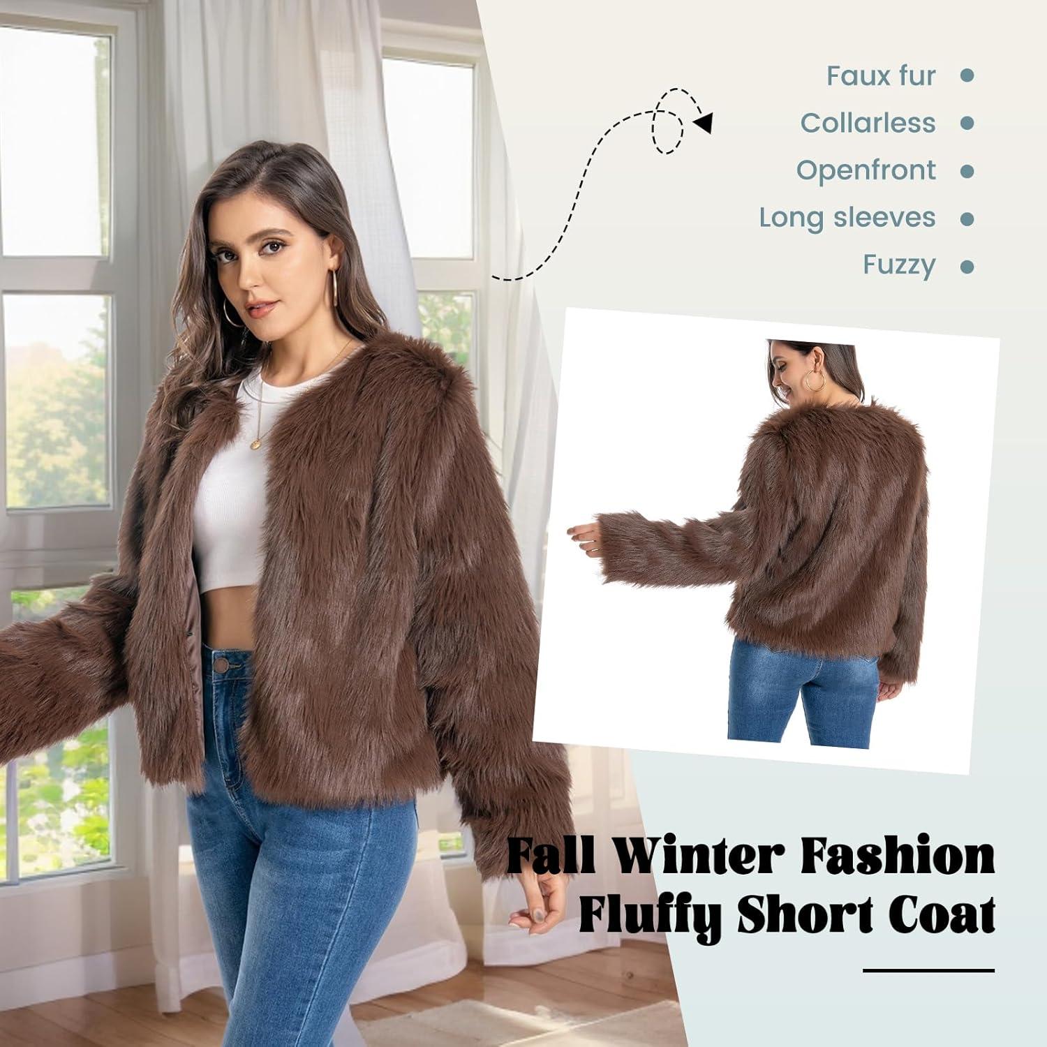 imageFur Coats For Women 2025 Plus Size Faux Fuzzy Jacket Fluffy Long Sleeve Winter Coat with PocketsBrown