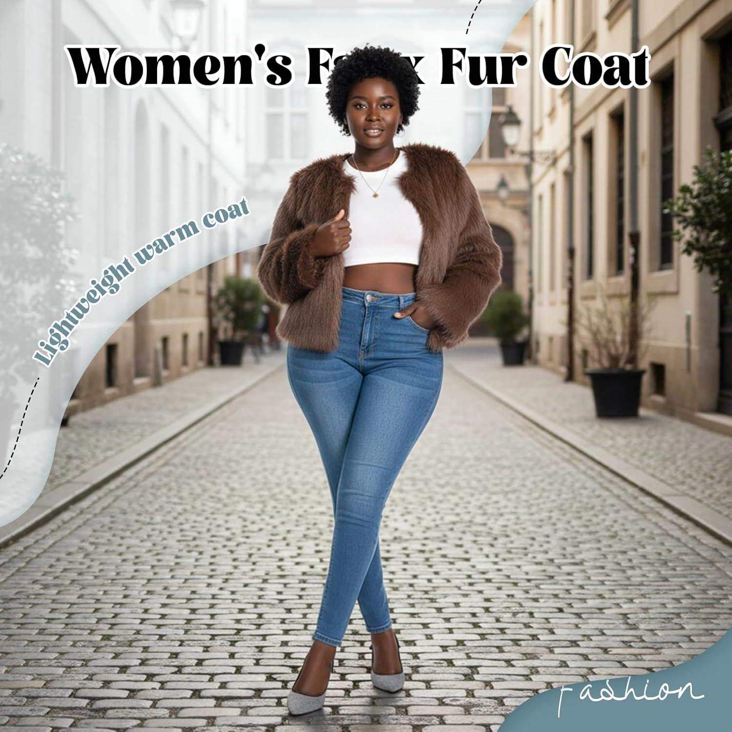 imageFur Coats For Women 2025 Plus Size Faux Fuzzy Jacket Fluffy Long Sleeve Winter Coat with PocketsBrown