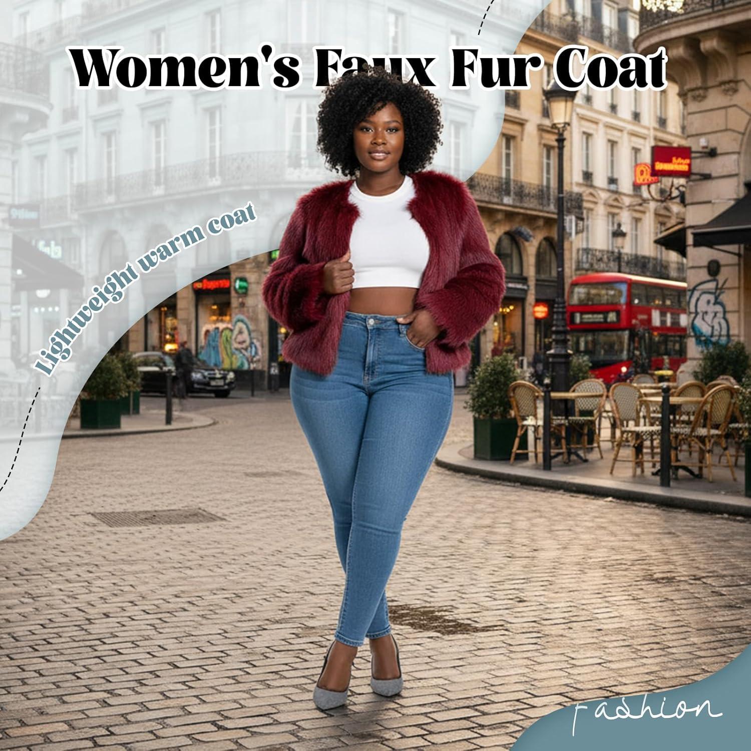 imageFur Coats For Women 2025 Plus Size Faux Fuzzy Jacket Fluffy Long Sleeve Winter Coat with PocketsClaret