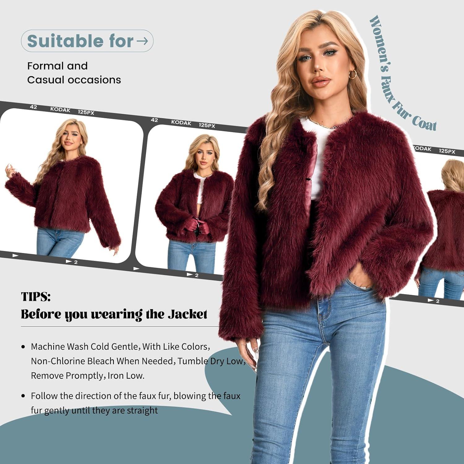imageFur Coats For Women 2025 Plus Size Faux Fuzzy Jacket Fluffy Long Sleeve Winter Coat with PocketsClaret
