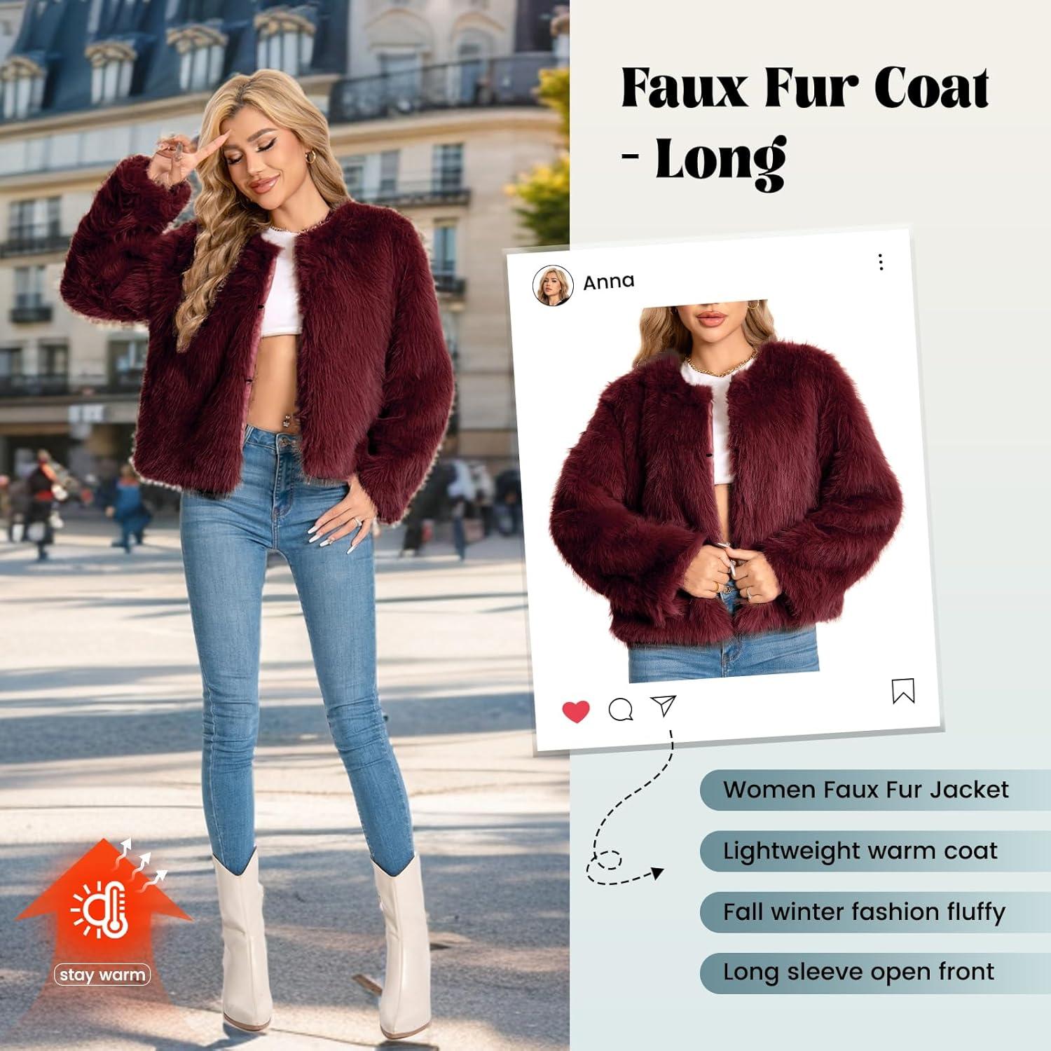 imageFur Coats For Women 2025 Plus Size Faux Fuzzy Jacket Fluffy Long Sleeve Winter Coat with PocketsClaret