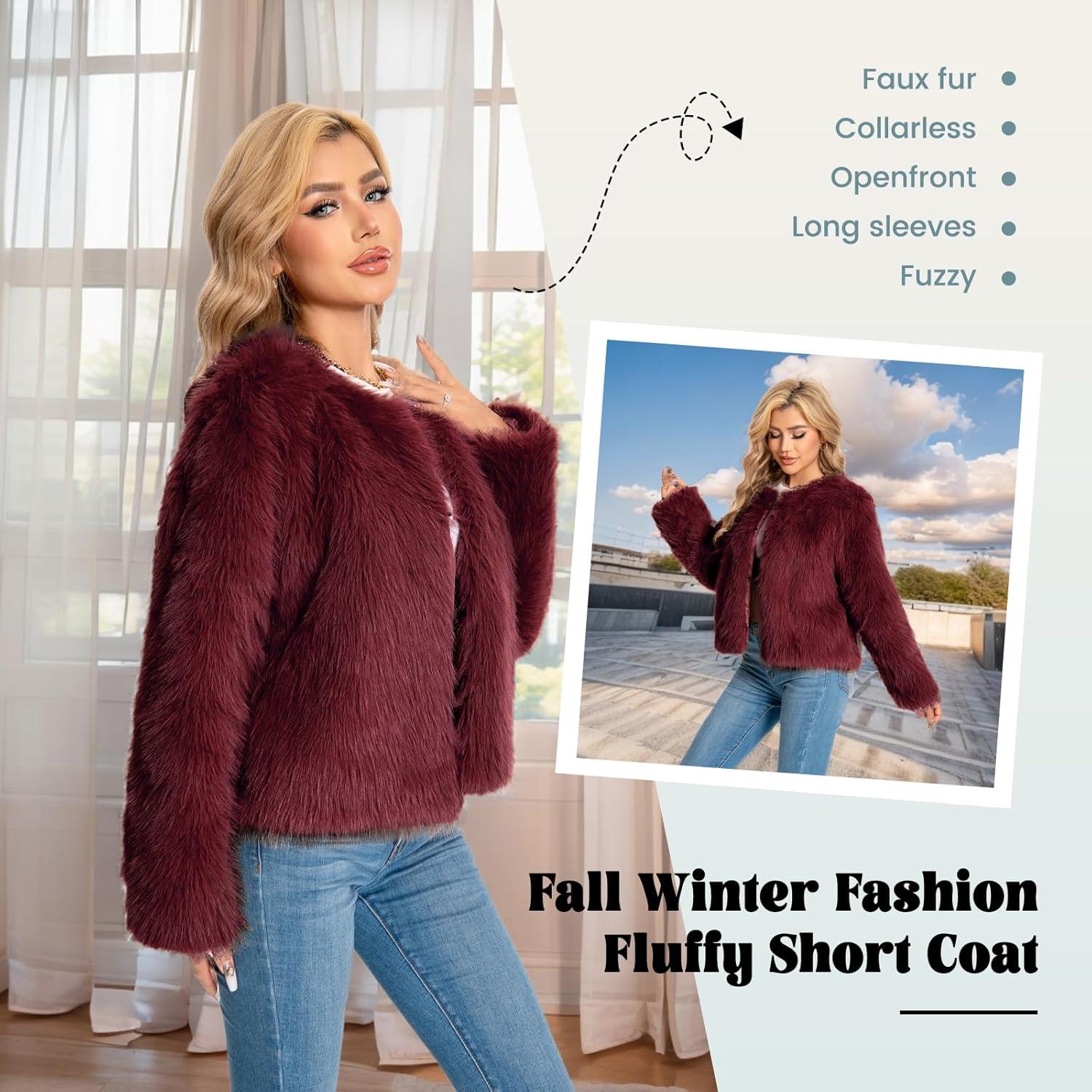 imageFur Coats For Women 2025 Plus Size Faux Fuzzy Jacket Fluffy Long Sleeve Winter Coat with PocketsClaret